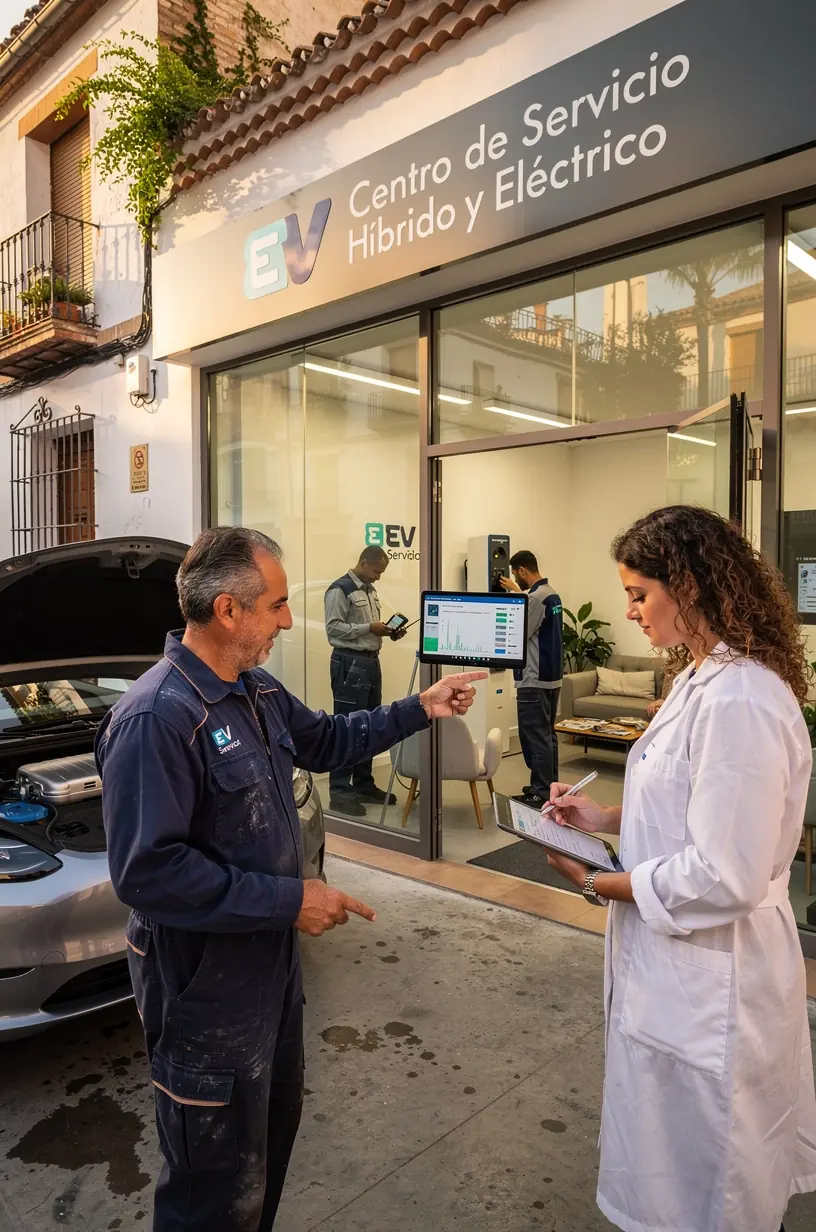 Estación de servicio moderna para vehículos eléctricos con equipos de mantenimiento y revisión de baterías de alta tecnología.
